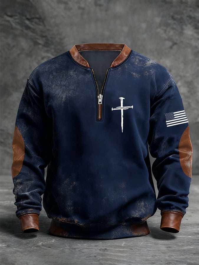 Men's Retro Faith Cross Print Zipper Stand Collar Long Sleeve Sweatshirt