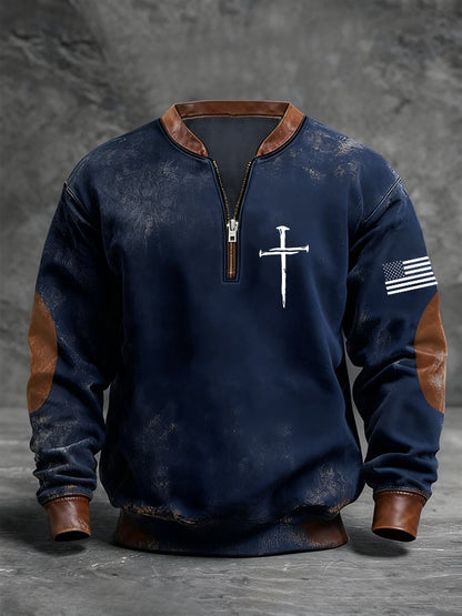 Men's Retro Faith Cross Print Zipper Stand Collar Long Sleeve Sweatshirt