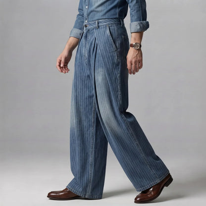 Men's Pinstripe Pattern Slant Pocket Pleated Wide Leg Denim Pants