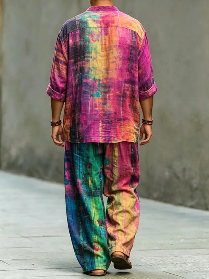 Men's Fashionable Abstract Art Print Cotton Shirt Set