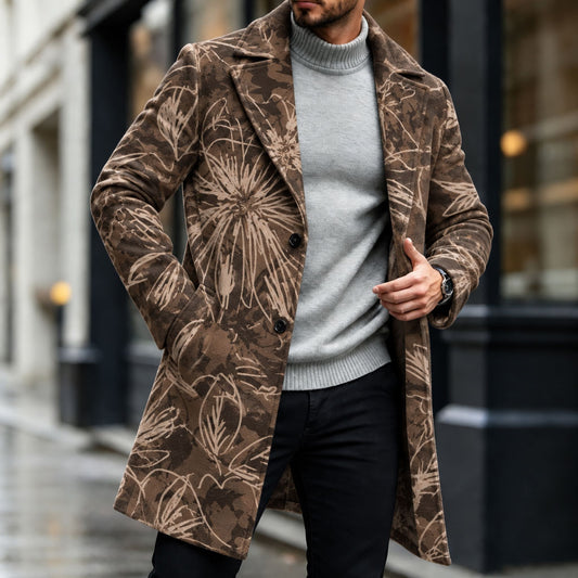 Men's Brown-Toned Wool Overcoat with Botanical Print