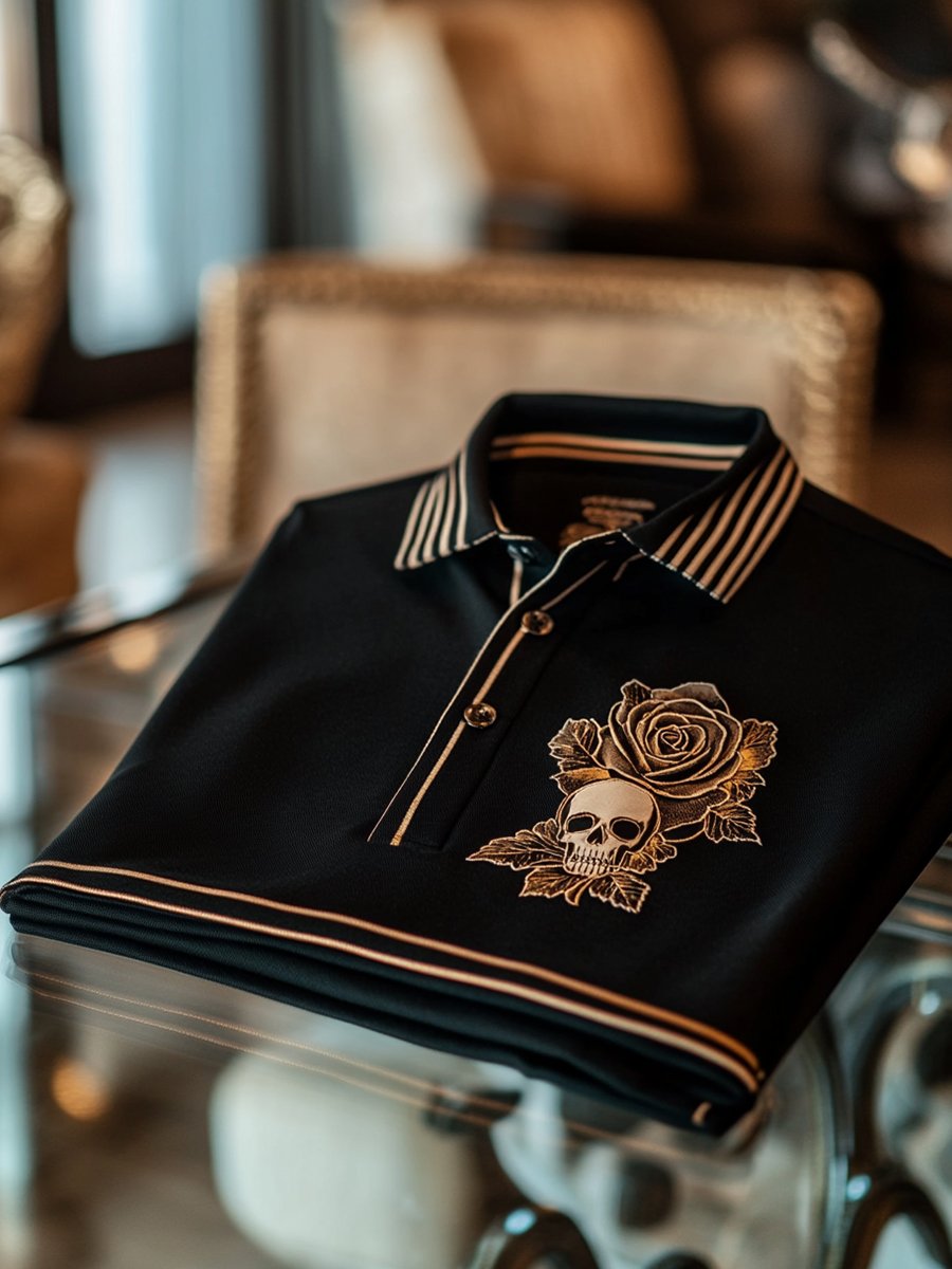 Men's Business Casual Black Skull Rose Button Short Sleeve Polo Shirt