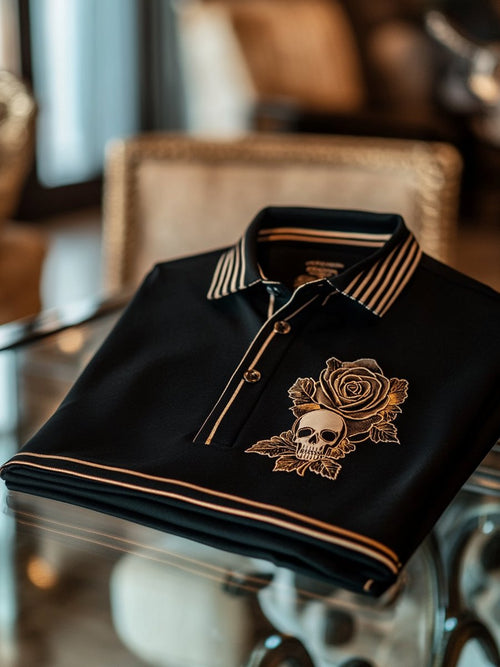 Men's Business Casual Black Skull Rose Button Short Sleeve Polo Shirt