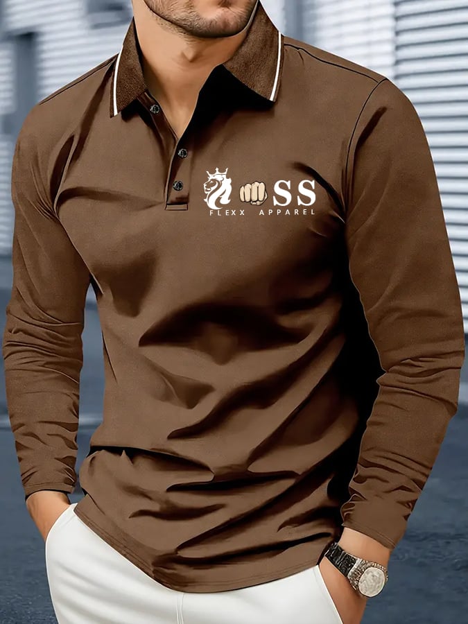 Men's Retro Letter Design Business Long Sleeve Polo Shirt