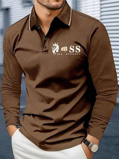 Men's Retro Letter Design Business Long Sleeve Polo Shirt