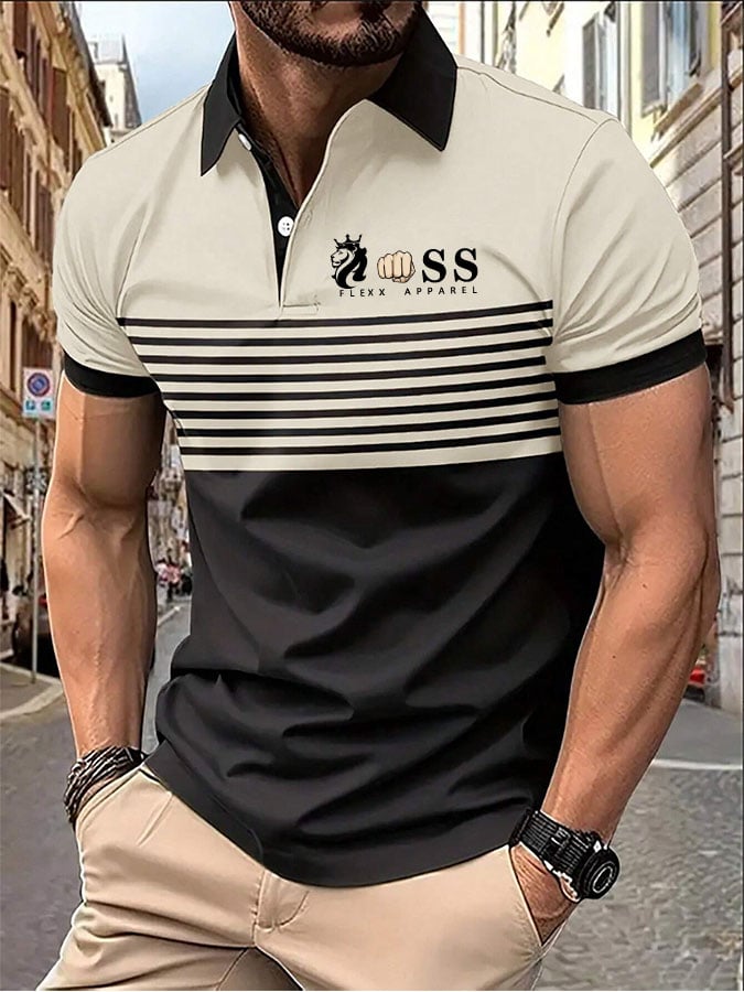 Men's Casual Striped Letter Polo Shirt