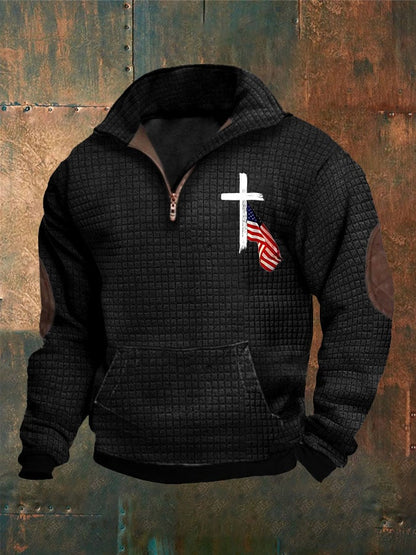 Men's Casual Zip Neck Waffle Faith Print Sweatshirt
