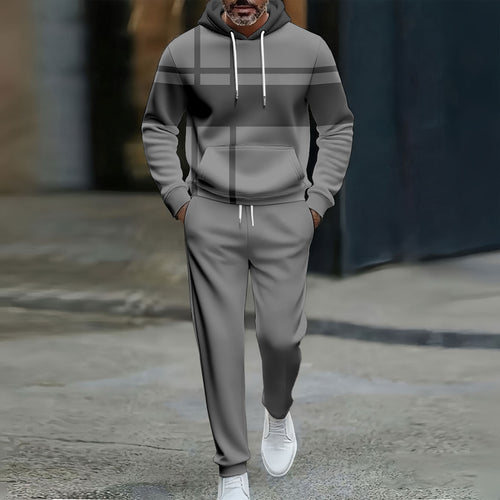 Men's Casual Gray Color Matching Geometric Printed Hooded Long Sleeved Trousers Two-Piece Set