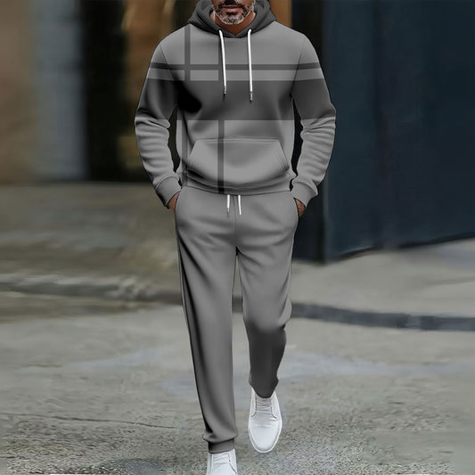 Men's Casual Gray Color Matching Geometric Printed Hooded Long Sleeved Trousers Two-Piece Set