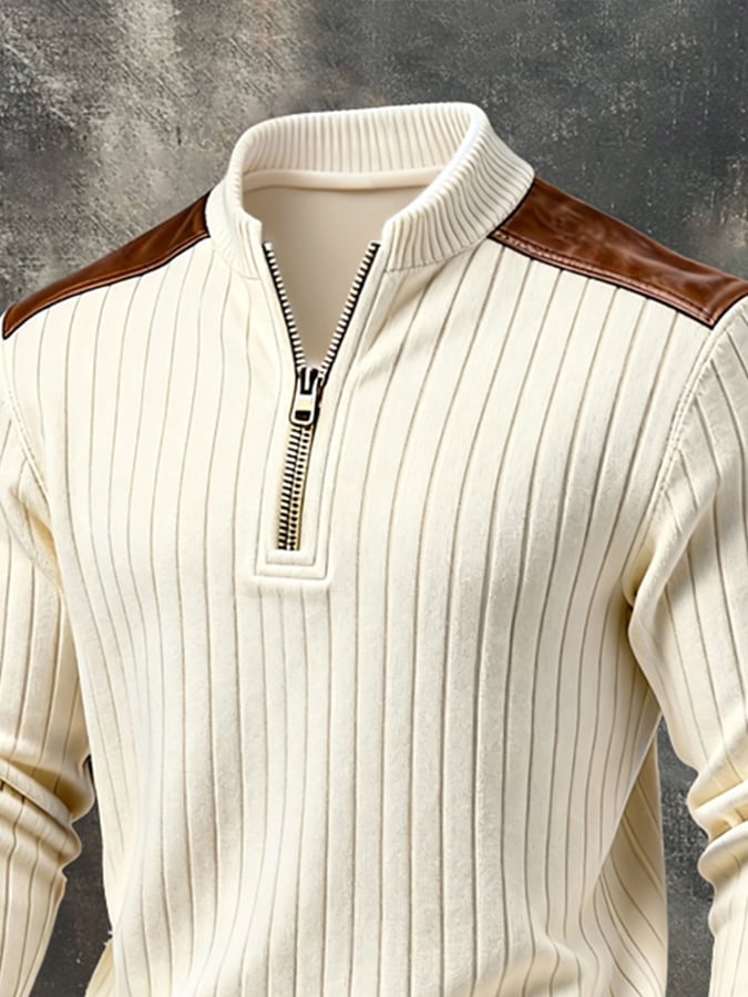 Men'S Vintage-Style Textured Patchwork Color-Block Long-Sleeved Sweatshirt
