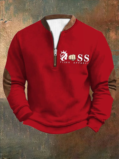 Men's Retro Letter Design Printed Zipper Collar Sweatshirt