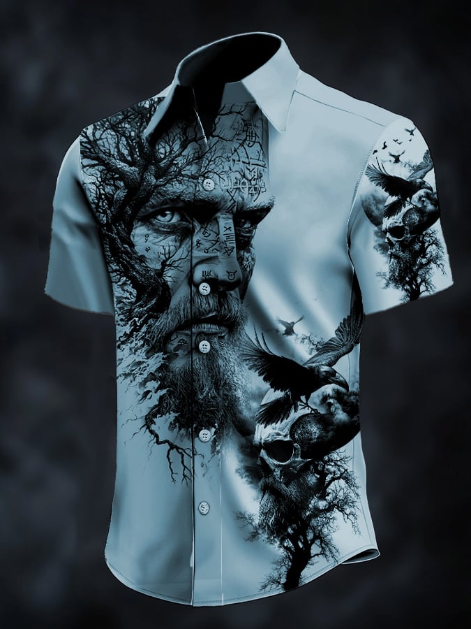 Men's casual vintage Viking portrait satin shirt