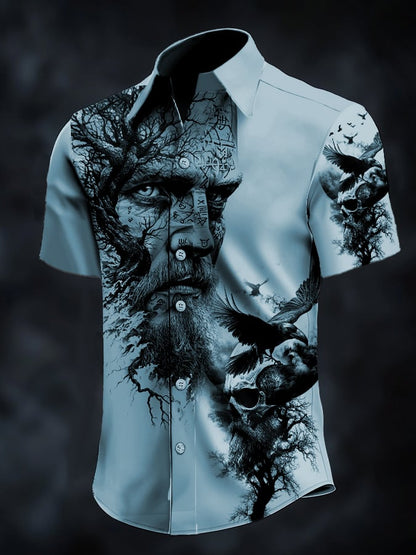 Men's casual vintage Viking portrait satin shirt