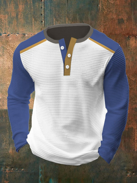 Men's Vintage Waffle Color Patch Henley Neck T-Shirt