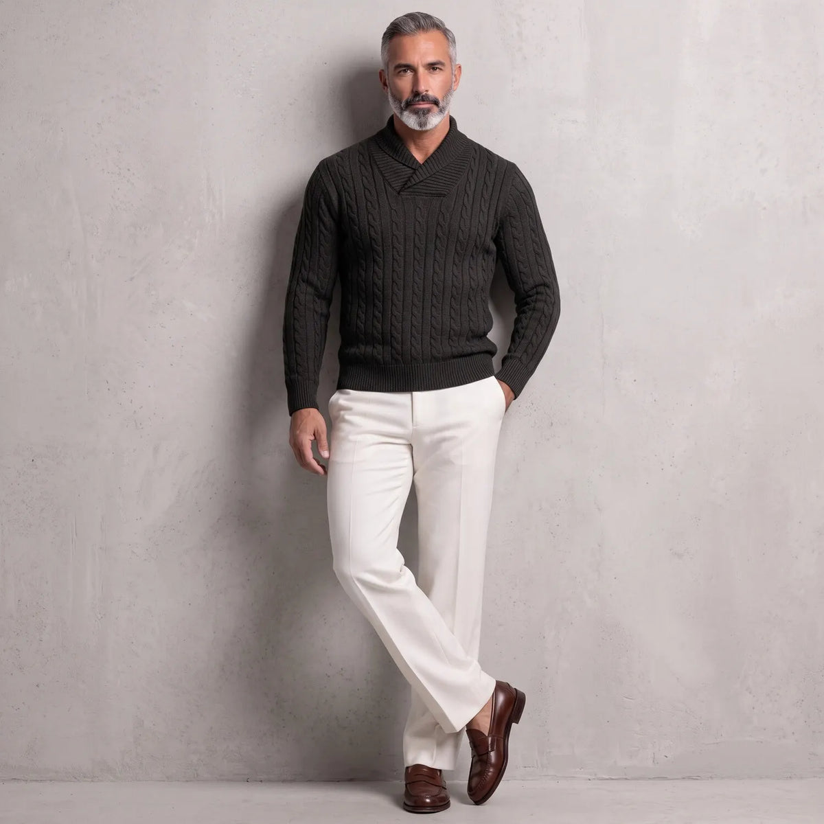Men's Solid Color Cable Knit Shawl Collar Slim Fit Pullover Sweater
