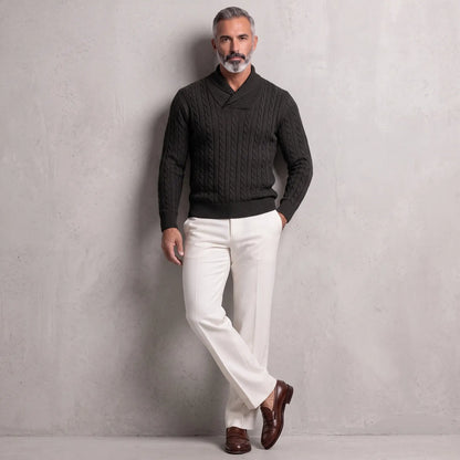 Men's Solid Color Cable Knit Shawl Collar Slim Fit Pullover Sweater