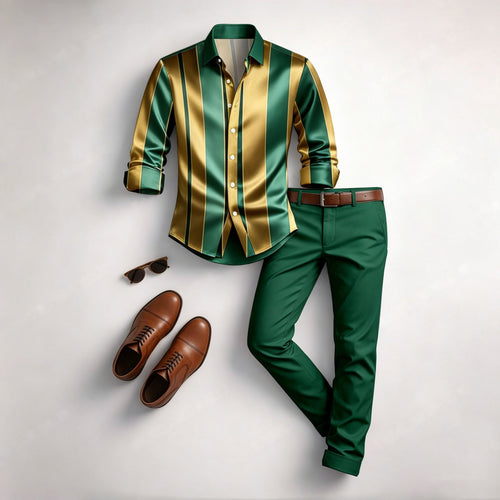 Men's Casual Dark Green & Yellow Color Matching Geometric Printed Long Sleeved Shirt & Trousers Two-Piece Set