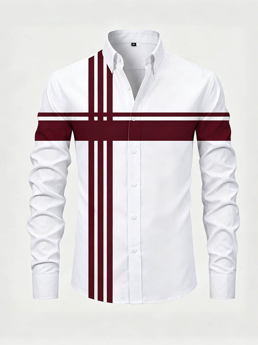 Men's Burgundy & White Color Matching Striped Printed Long Sleeve Shirt