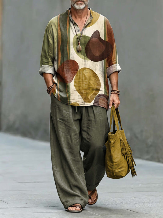 Men's Abstract Geometric Art Print Cotton Shirt Set