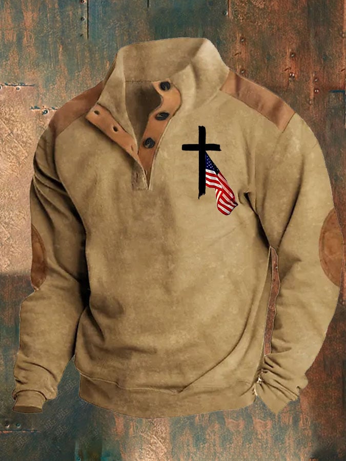 Men's Retro Western Color Block  Belief Print Long Sleeve Sweatshirt