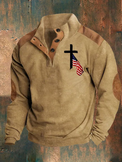 Men's Retro Western Color Block  Belief Print Long Sleeve Sweatshirt