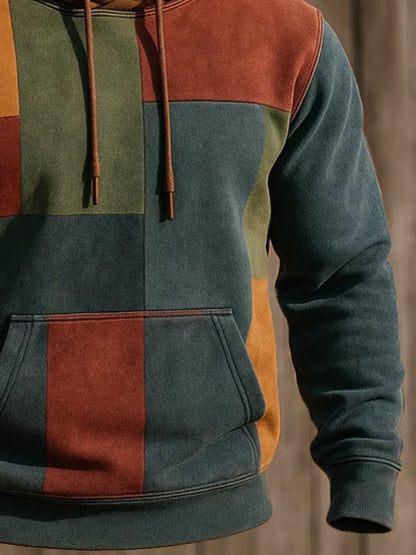 Men's Retro Distressed Color Block Print Casual Long Sleeve Sweatshirt