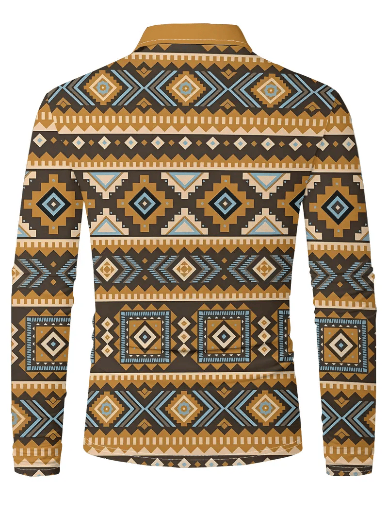Men's Retro Business Stripe Print Long Sleeve POLO Shirt