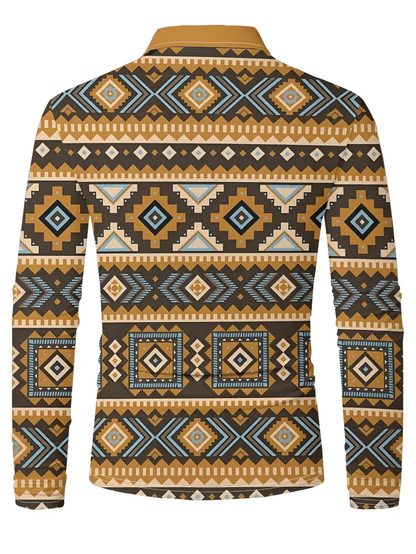 Men's Retro Business Stripe Print Long Sleeve POLO Shirt
