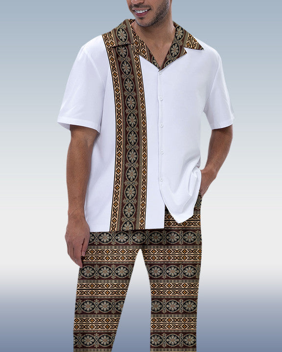 Rianmond Men's Vintage Print Short Sleeve Shirt Walking Set 279