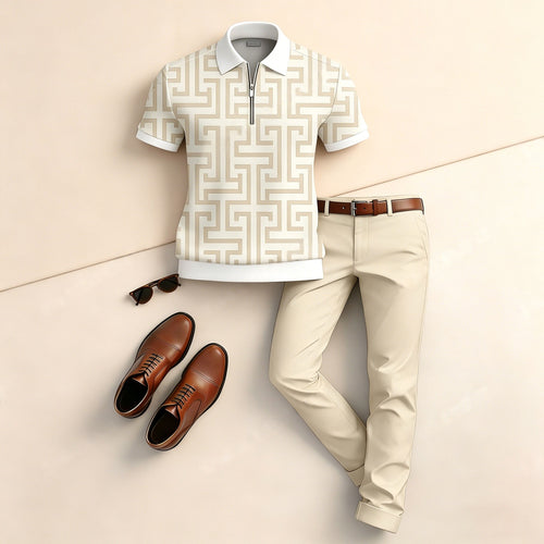 Men's Casual Beige-Bottomed Vintage Floral Print Short-Sleeve Polo Shirt And Pants Two-Piece Set