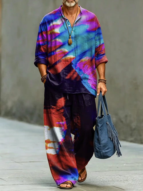 Men's Fashionable Abstract Art Print Cotton Shirt Set