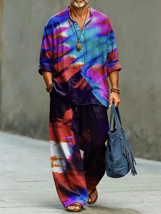 Men's Fashionable Abstract Art Print Cotton Shirt Set