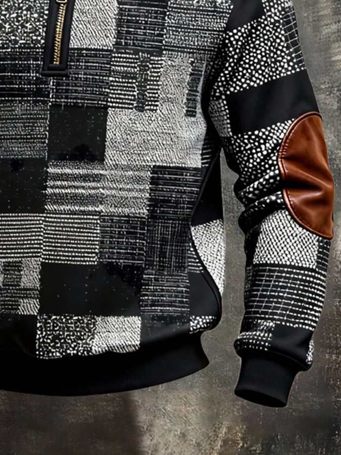 Men's Retro Color Block Print Color-Blocked Zip-Up Sweatshirt