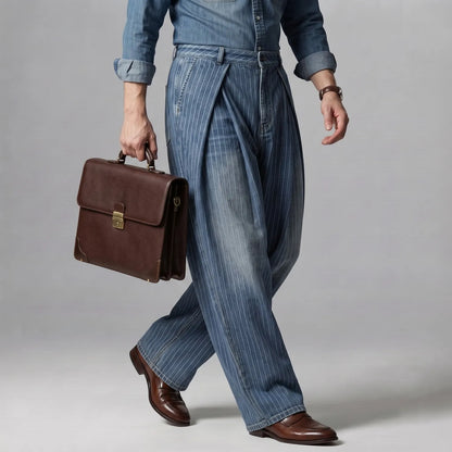 Men's Pinstripe Pattern Slant Pocket Pleated Wide Leg Denim Pants