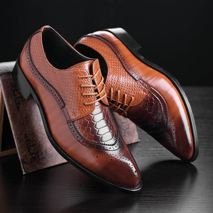 Men's Business Casual Pointed Toe Patchwork Lace Up Oxfords Faux Leather Brogues Shoes