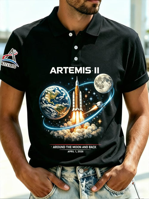 Retro Artemis II 2026 Rocket Launch Print POLO Shirt