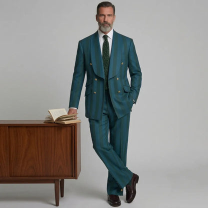Men's Teal Contrast Striped Print Double-Breasted Shawl Lapel Party Blazer