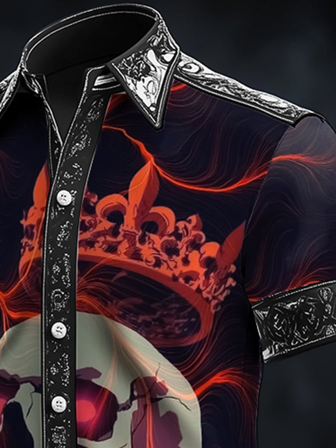 Men's Casual Dark Skull Art Satin Shirt