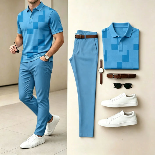 Men's Casual Color Plaid Printed Polo Shirt And Pants Two-Piece Set