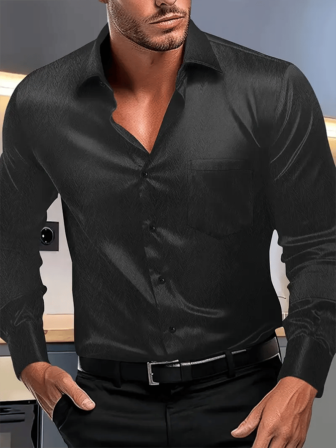 Men's Silk Business Luxury Design Printed Long Sleeve Pocket Shirt