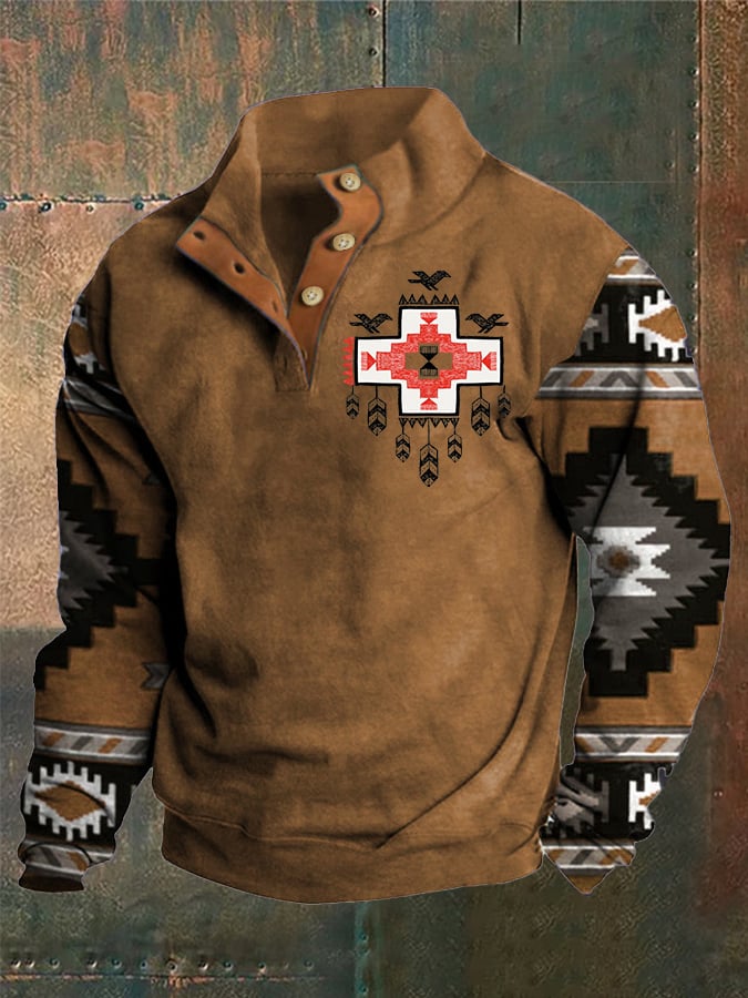 Men's Western Style Printed Stand Collar Button Sweatshirt