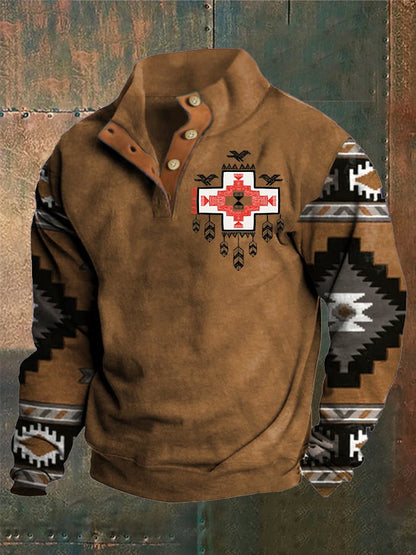 Men's Western Style Printed Stand Collar Button Sweatshirt
