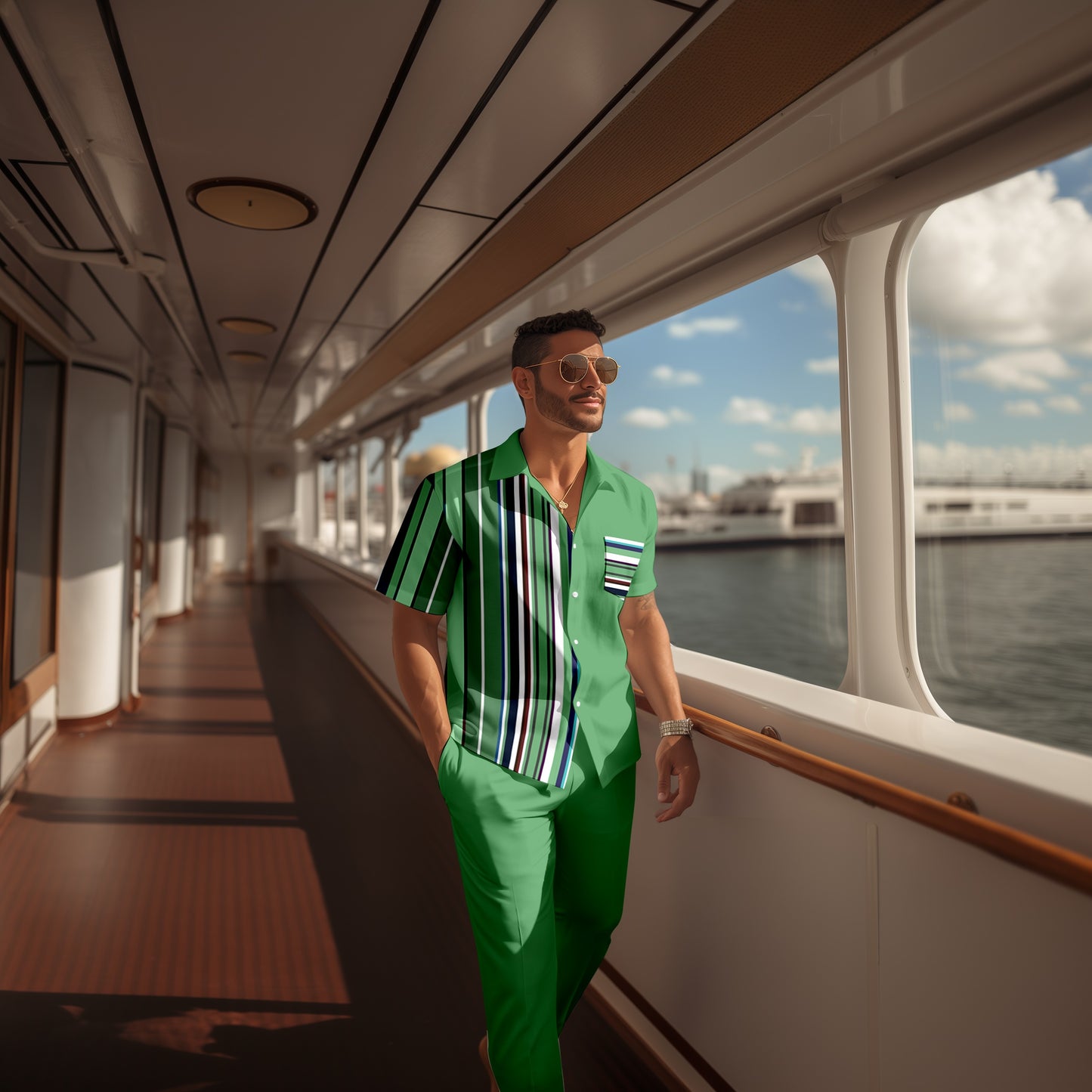 Men's retro colorblock short-sleeved shirt walking Suit 1682