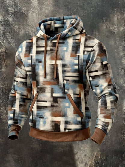 Men's Retro Distressed Color Block Print Casual Fur Collar Long Sleeve Sweatshirt