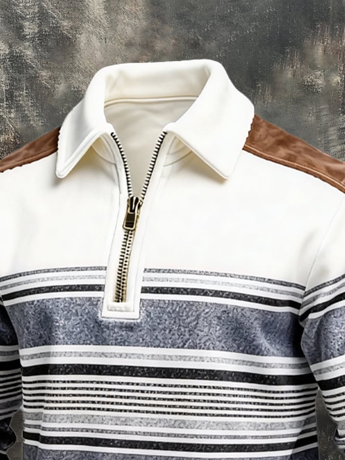 Men's Retro Color Block Print Zipper Sweatshirt