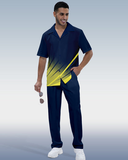 Rianmond Men's Colorblock Short Sleeve Shirt Walking Set 451