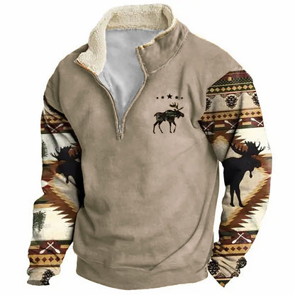 Men's Sweatshirt Retro Moose Creek Ethnic Print Plush Half Open Collar Pullover