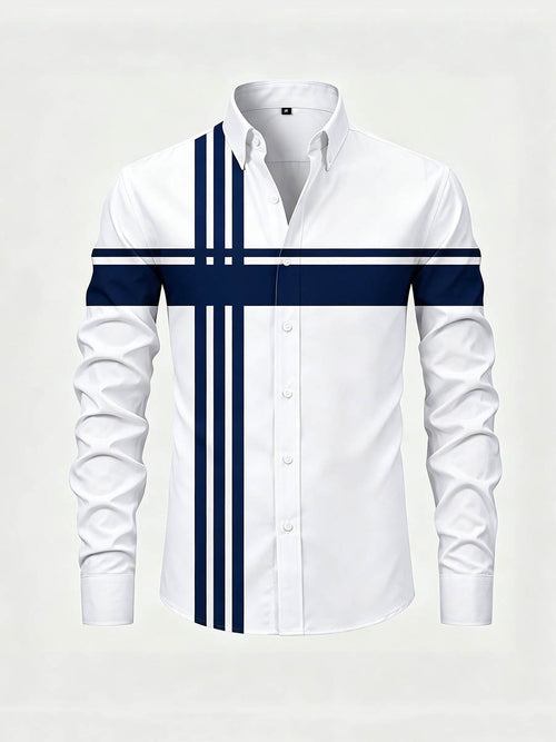 Men's Royal Blue & White Color Matching Striped Printed Long Sleeve Shirt