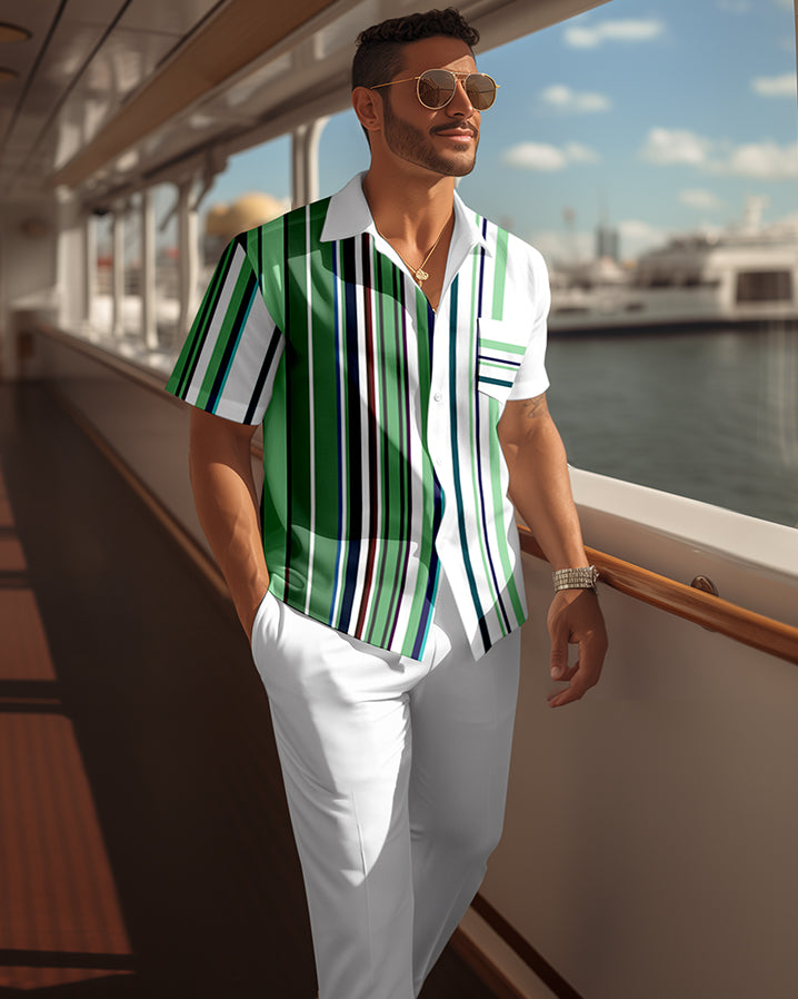Men's retro colorblock short-sleeved shirt walking Suit 1682