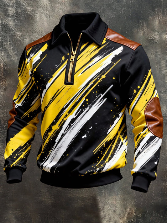 Men's Vintage Color-Block Printed Zip-Up Hoodie